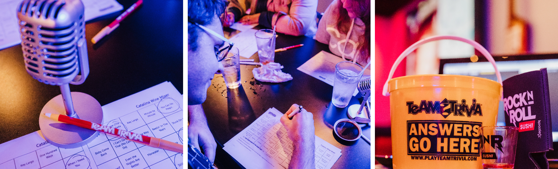 Three images of people playing Team Trivia at a bar